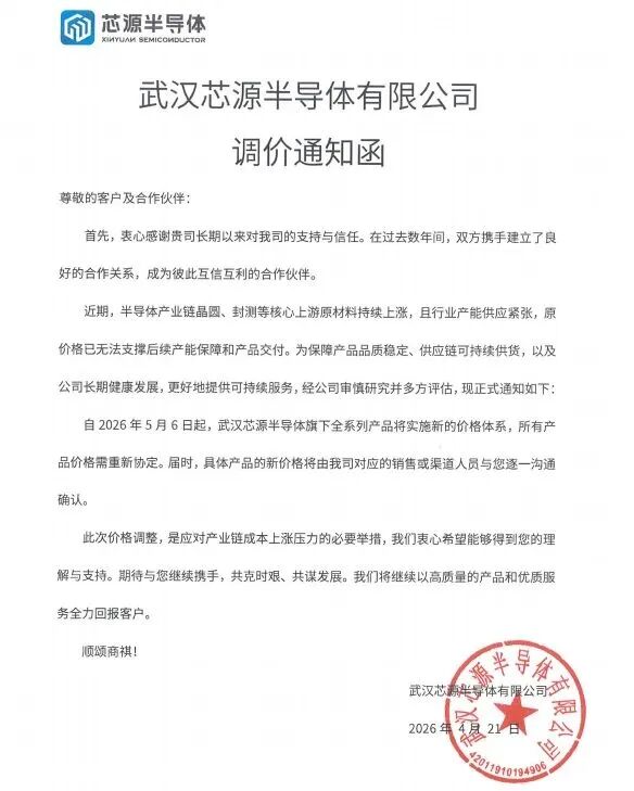 涨价 | 武汉芯源MCU全系涨价